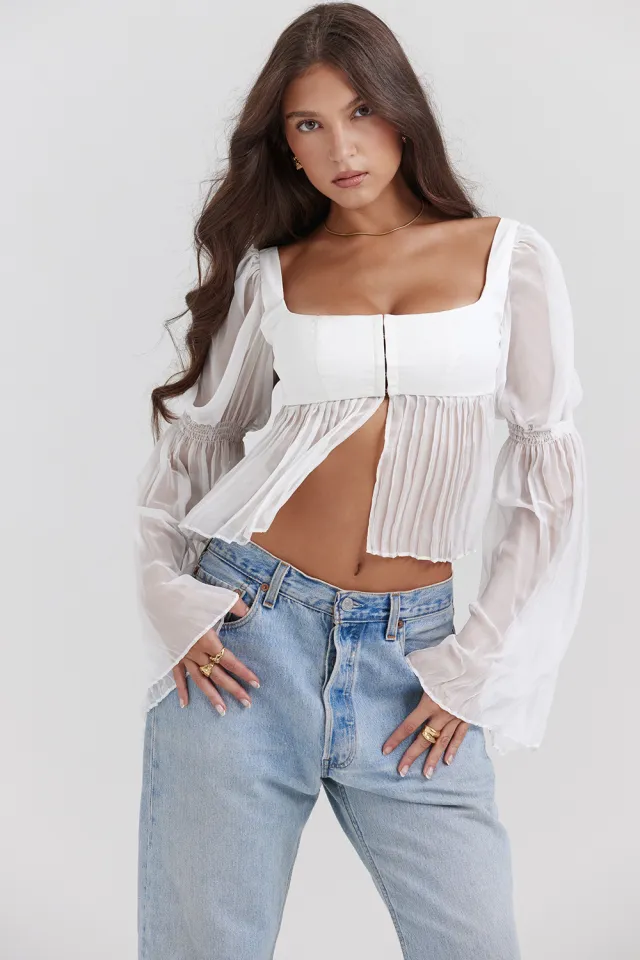 Sweet Short Version Elegant Sheer Long Sleeve Square Collar Top White - Shop at LoveMi