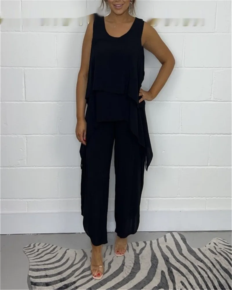Fashion Casual Loose Sleeveless Plus Size Suit - Black