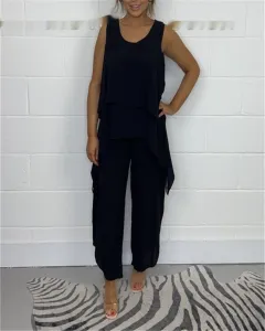 Fashion Casual Loose Sleeveless Plus Size Suit - Black - View 1