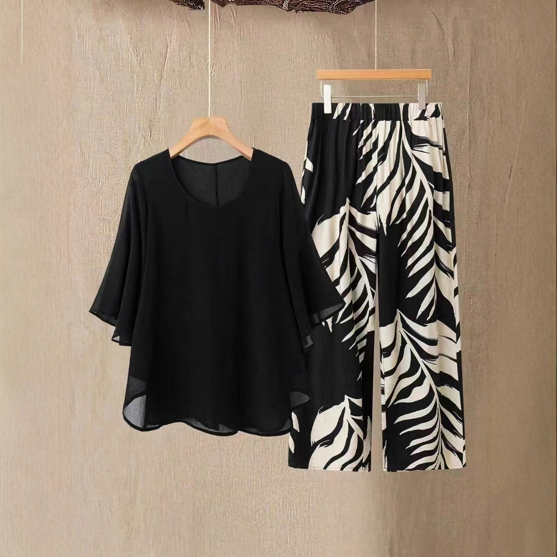 Chiffon Top With Double-layered Printed Pants Design