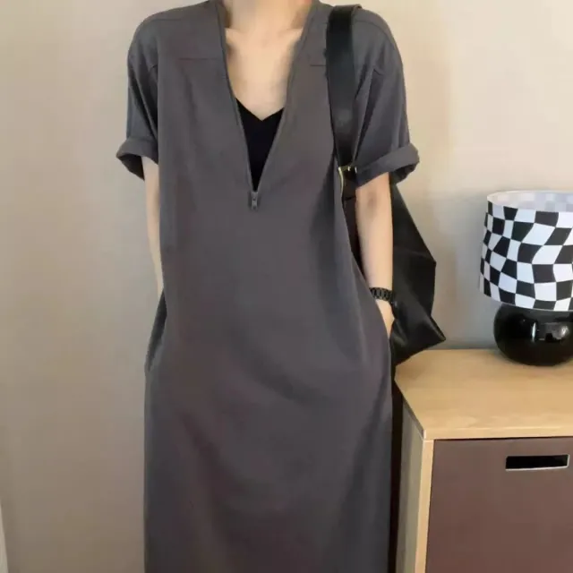 Retro Hepburn Zipper Dress Summer Loose Casual Slightly Fat Dark Gray - Shop at LoveMi