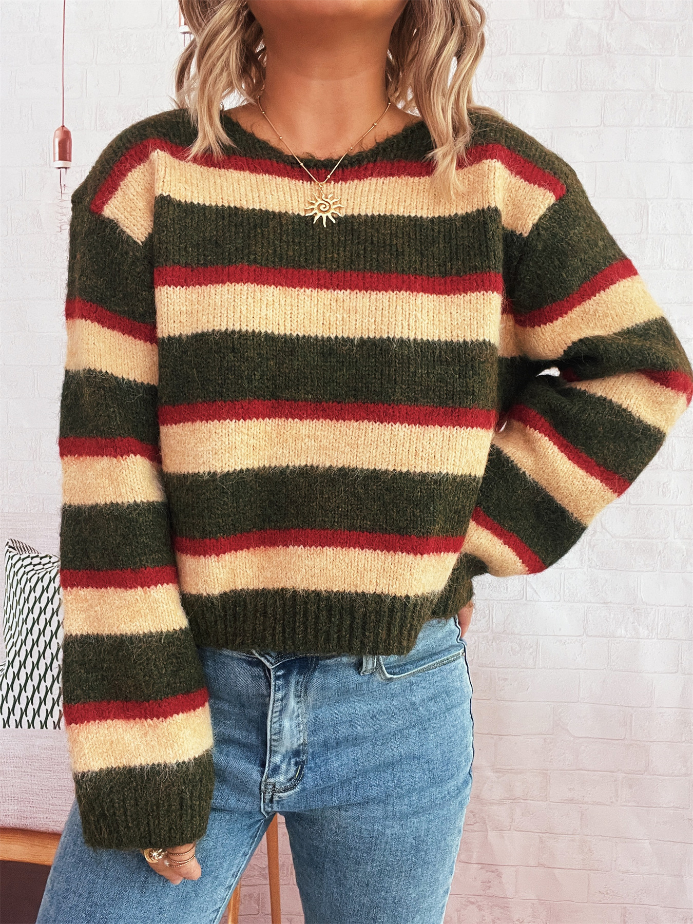 Striped Contrast Color Commuter Knit Casual Round Neck Long Sleeve Sweater