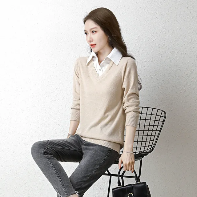 Women's Fashion Casual Loose False Two Pieces Sweater Apricot - Shop at LoveMi