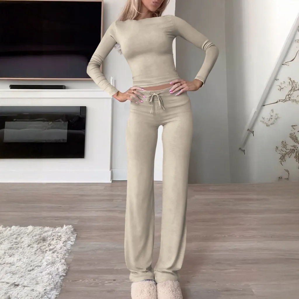 T-shirt Solid Color Trousers Suit Women's Clothing - Khaki