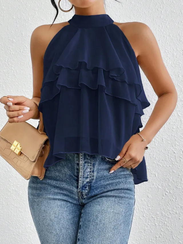 Women's Versatile Solid color Halter neck Sleeveless Top With An Irregular Ruffled Hem Navy Blue - Shop at LoveMi