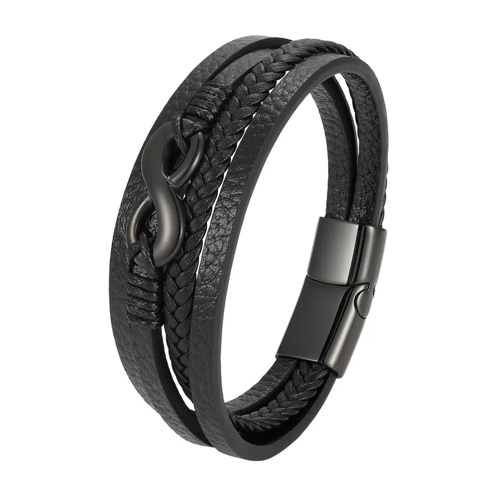 Digital 8 Multi-layer Leather Bracelet Men's Bracelet Leather Rope - Black
