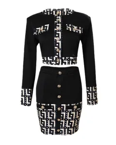 Fashion Print Stitching Suit Jacket Mid-length Dress Set - Black - View 1