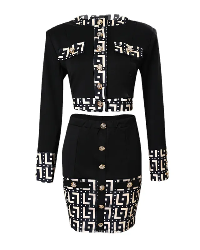Fashion Print Stitching Suit Jacket Mid length Dress Set Black - Shop at LoveMi