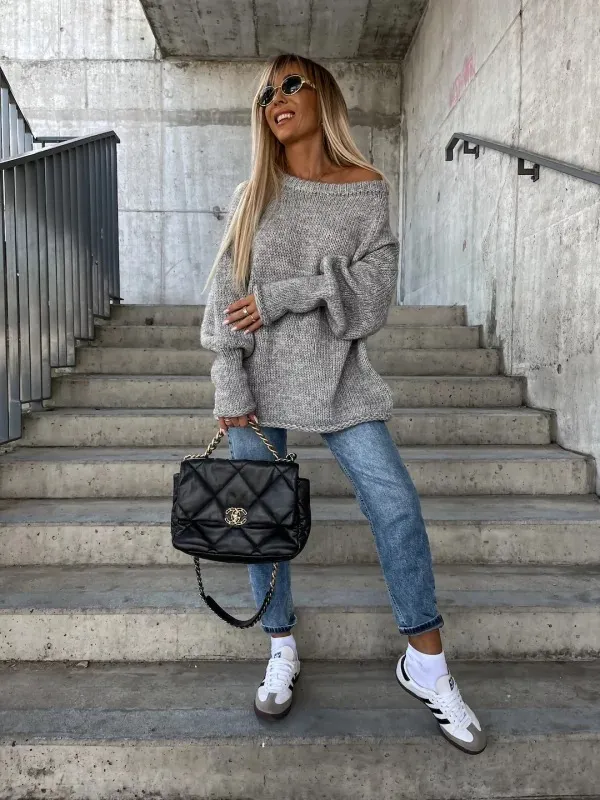 Strapless Round Neck Pullover Knitting Temperament Commute Loose Sweater Gray - Shop at LoveMi