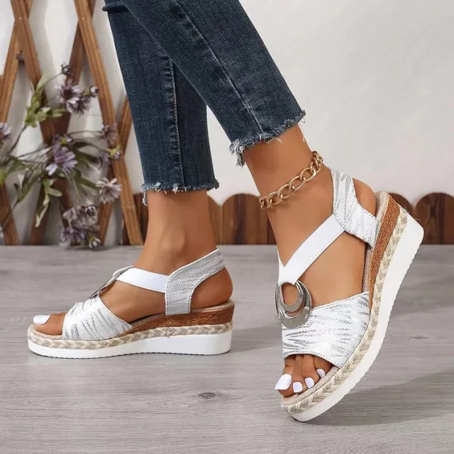 Women's Metal Buckle Hemp Rope Wedge Peep Toe Sandals White - Shop at LoveMi
