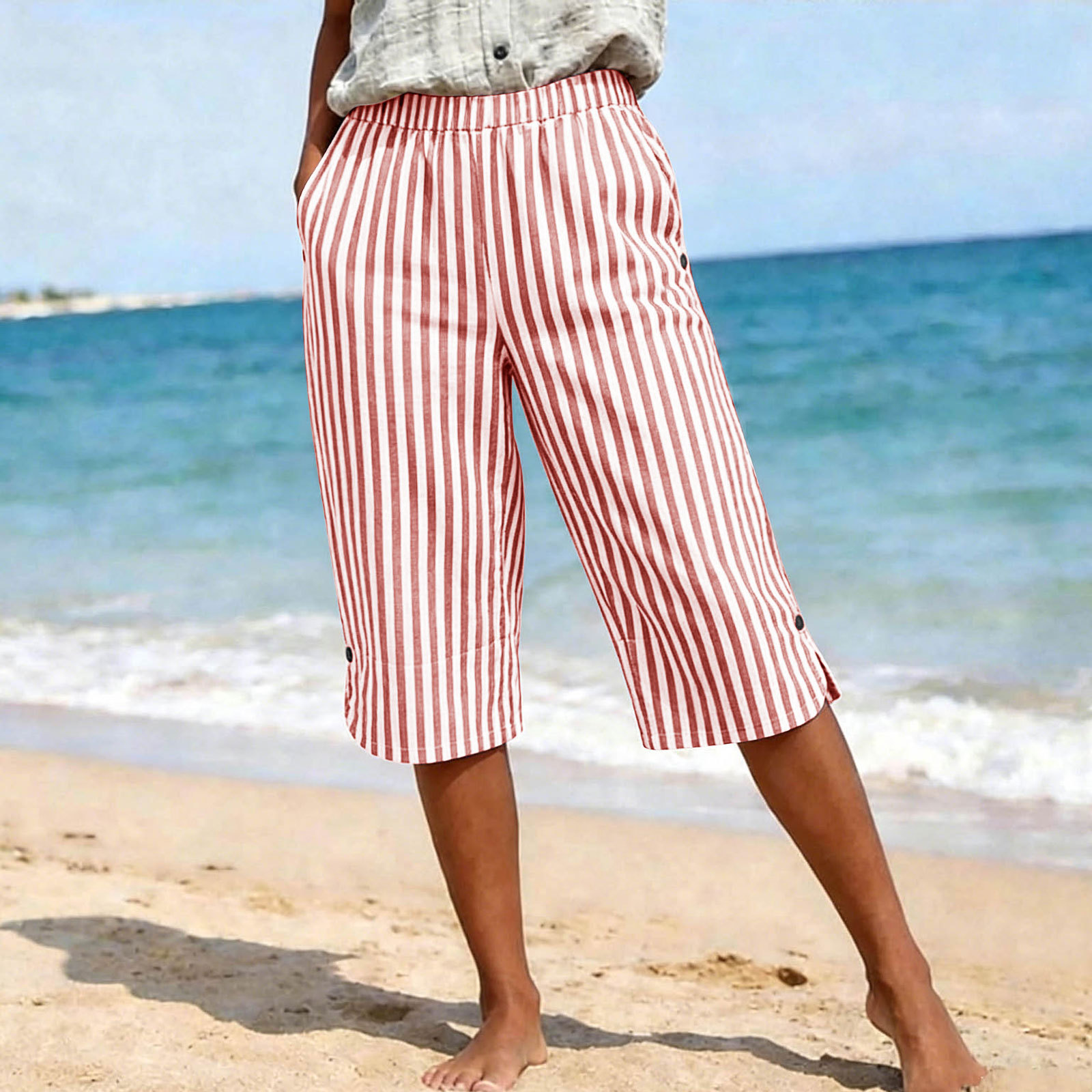 Striped Loose-fit High-waisted Shorts With Pockets