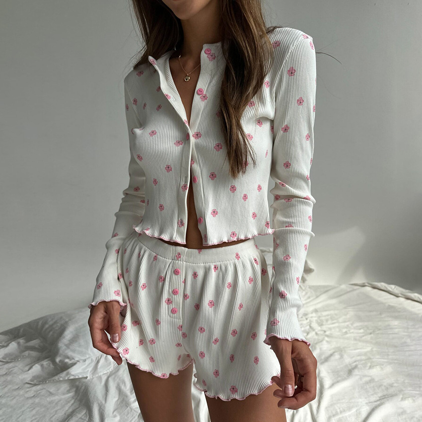 Knitted Printed Long-Sleeve Shorts Pajamas Womens Loungewear