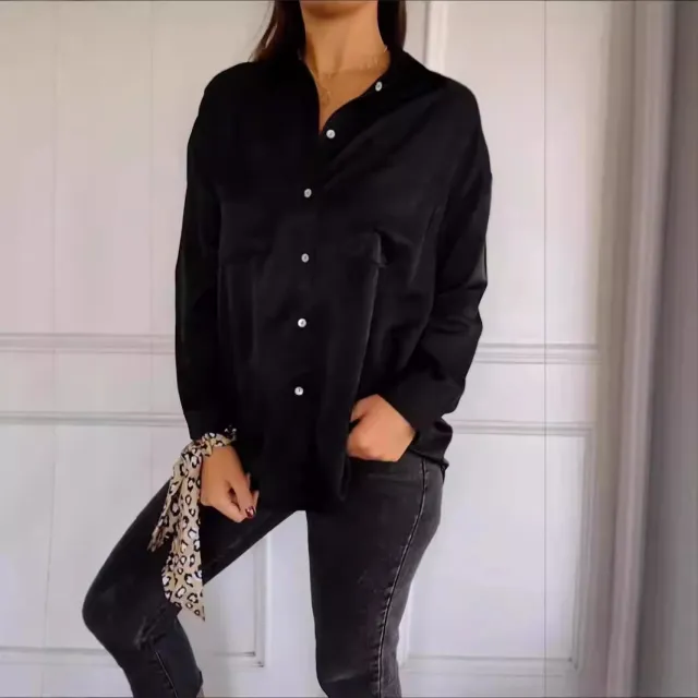 Women's Casual Long Sleeve Pocket Shirt Button Top Black - Shop at LoveMi