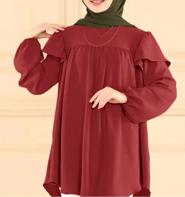 Solid Color Long Sleeve Loose Lotus Leaf Round Neck Top Shirt Scarlet Xl - Shop at LoveMi