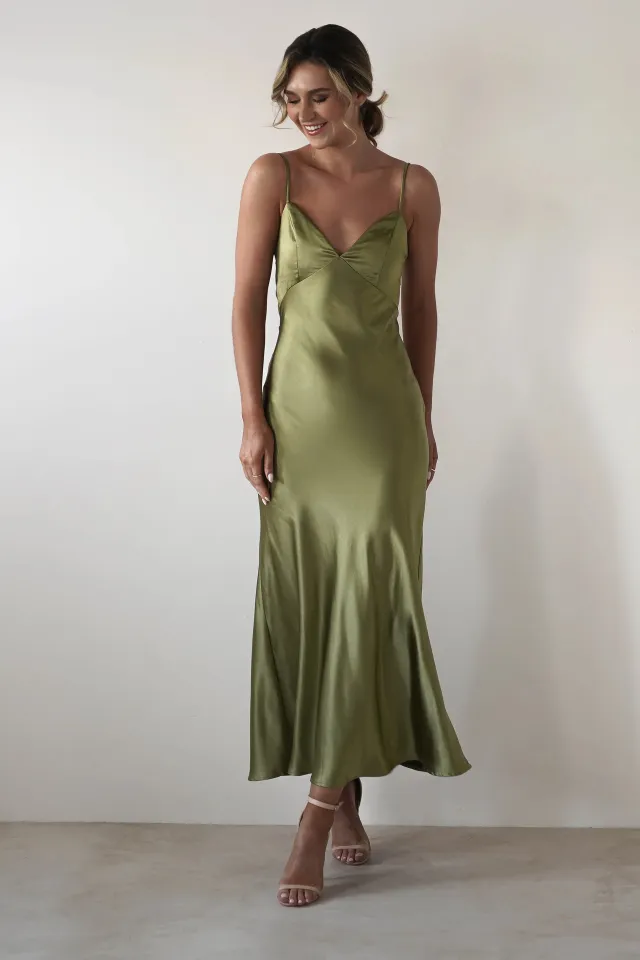 Strap Satin Fashion Backless Lace up Waist controlled Dress Olive - Shop at LoveMi