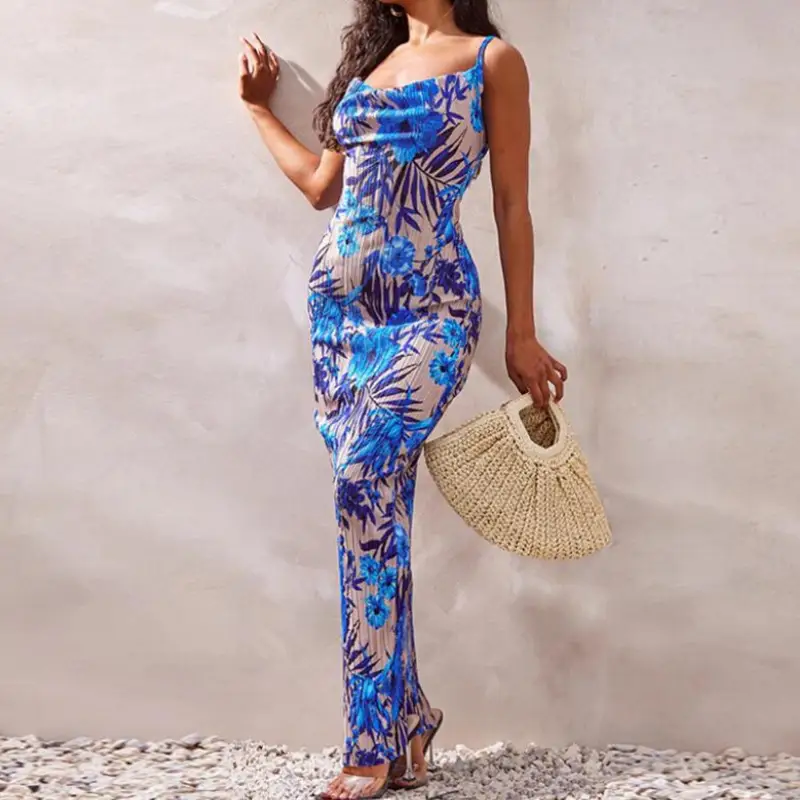 Printed Pleated Slim Fit Slimming Spaghetti Straps Maxi Dress