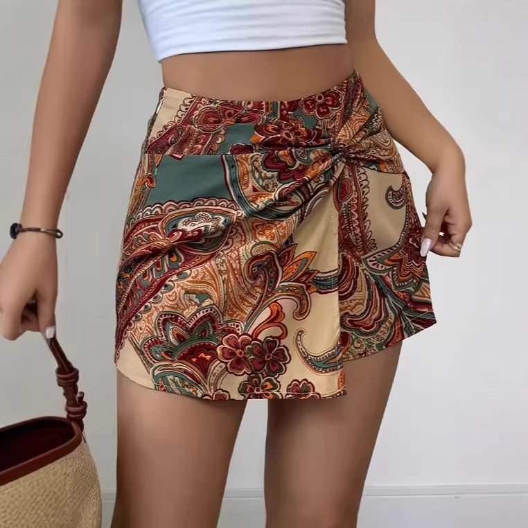 Womens Fashionable Paisley-Print Knotted Wrap Casual Resort Shorts