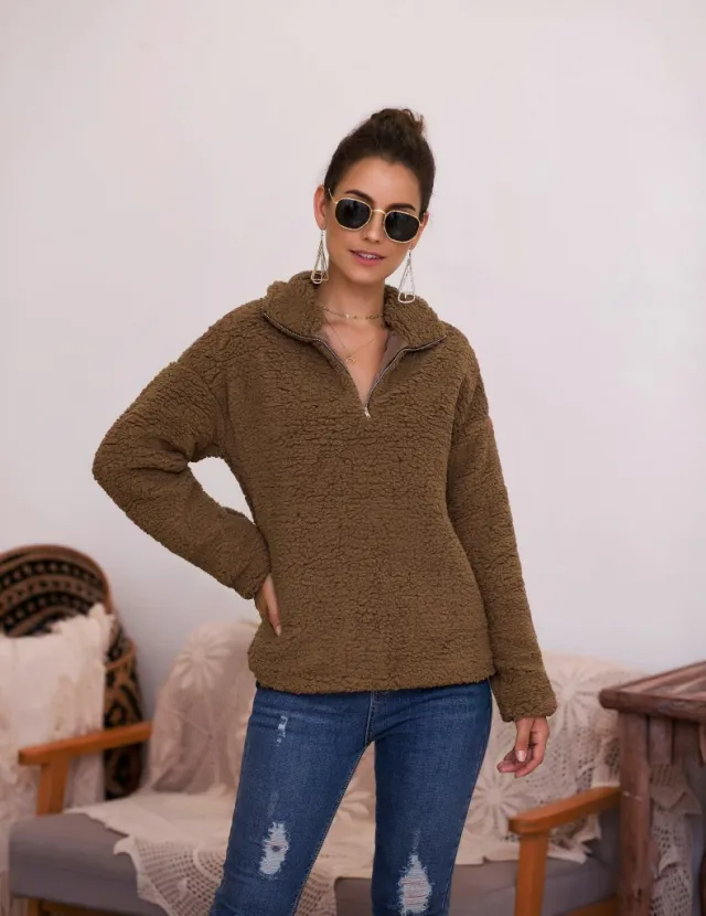 Women's Plush Coat Sweater Top Camel - Shop at LoveMi