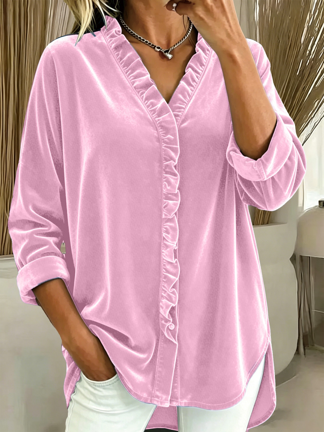 Velvet ruffle trim blouse — women's elegant casual top