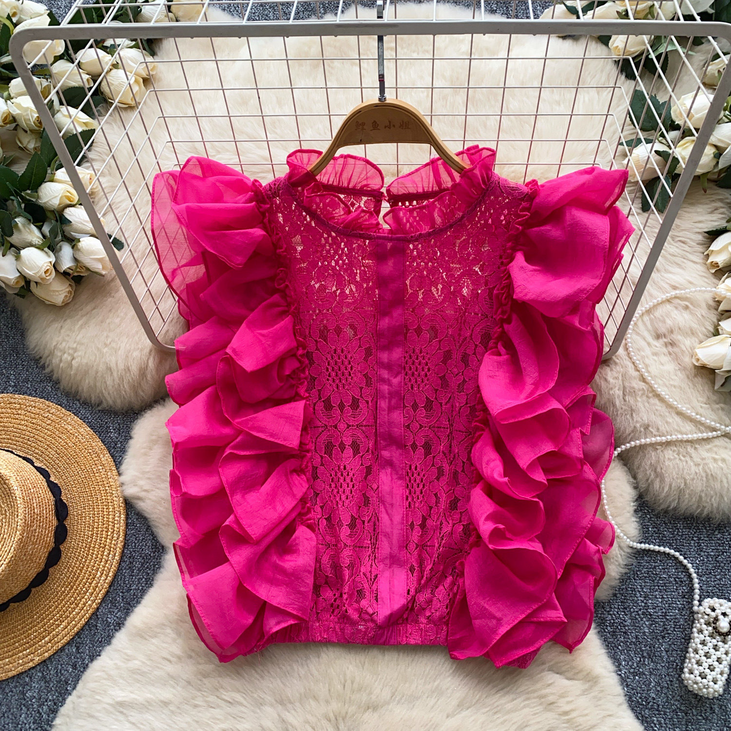 Lace Sleeveless Top With Ruffled Paneling And Hollowed-Out Details — photo 1