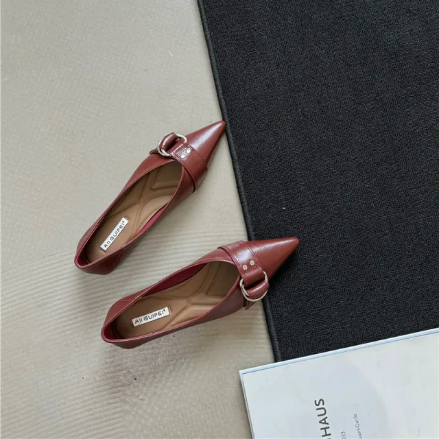 Metal Belt Buckle Soft Bottom Granny Shoes French Pointed Flat Bottom Pumps Red - Shop at LoveMi