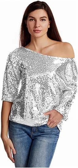 Loose Sequins Oblique Shoulder Short Sleeve Sequined Shirt Silver - Shop at LoveMi