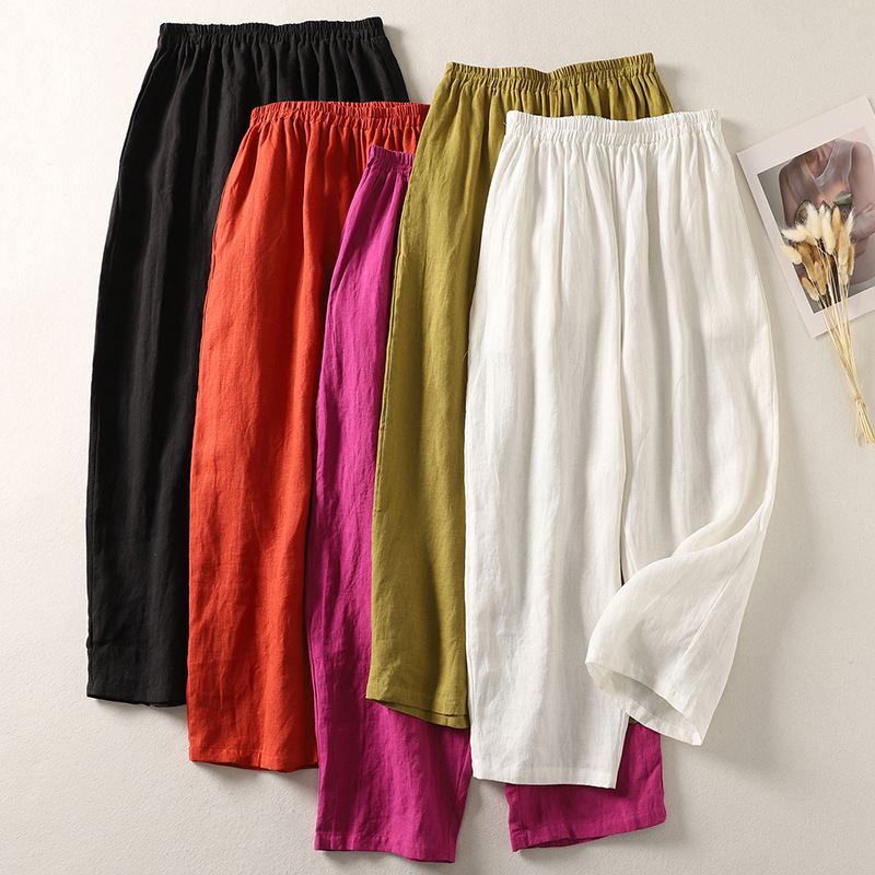 Cotton And Linen Casual Elastic Waist Loose Cropped Pants
