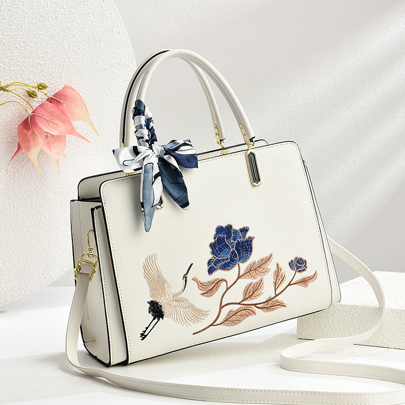 Womens New Chinese-Style National-Flair Embroidered Crane Fashion Crossbody Tote Bag