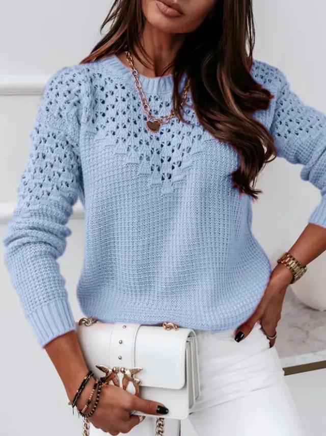 Pure Color Jacquard Hollow Out Stitching Round Neck Elegant Sweater Light Blue - Shop at LoveMi