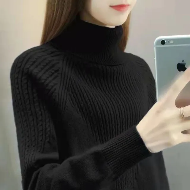 Twist High Collar Bottoming Sweater Women's Loose Solid Color Sweater Black - Shop at LoveMi
