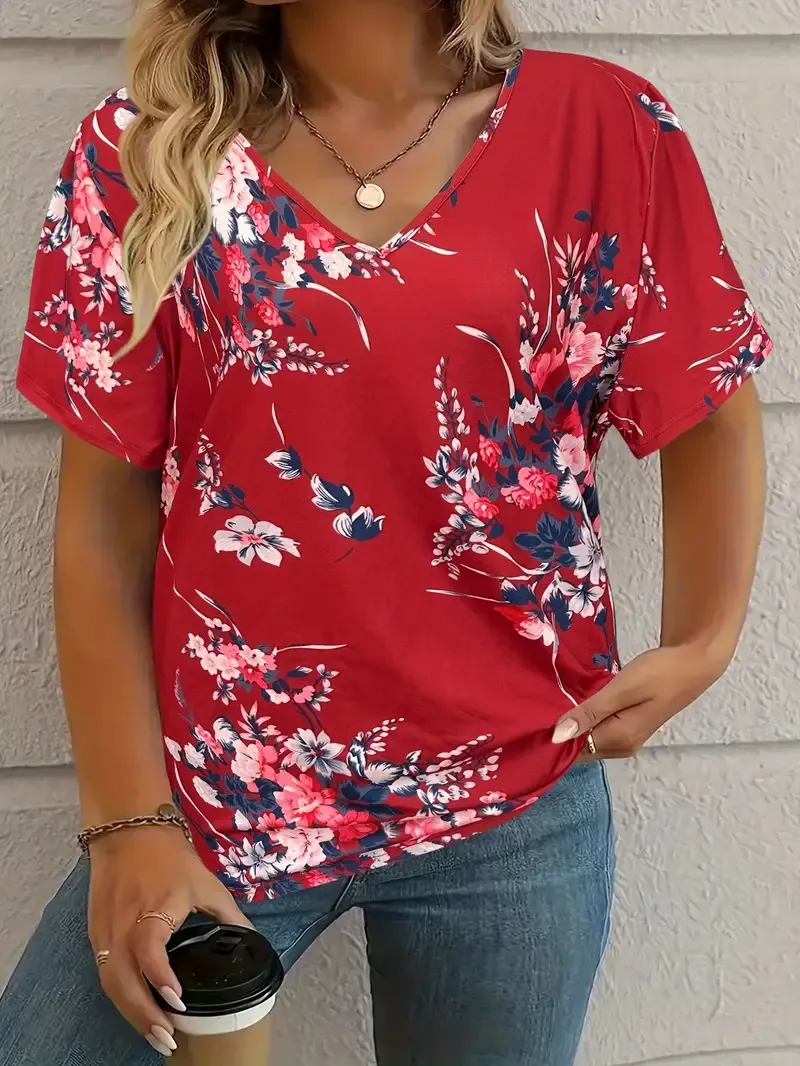 Fashion Comfortable Animal Plant Pattern Short Sleeve V-neck T-shirt - Wb14Wb14Zn250119Y029-4Xl