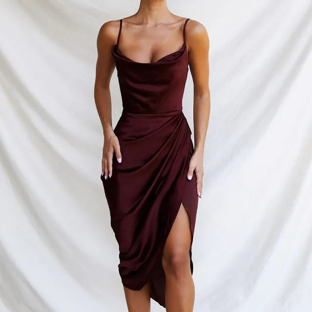 Sexy Slit Satin European And American Slim Sleeveless Split Skirt Wine - Shop at LoveMi