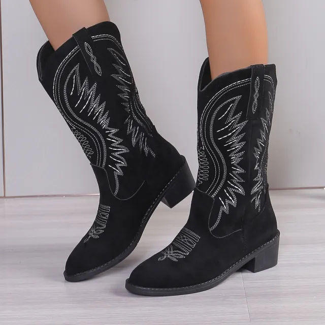 Autumn Embroidery Chunky Heel Below The Knee Pointed Toe Long Boots Women Black - Shop at LoveMi