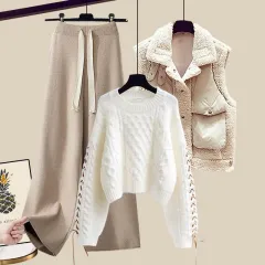 Women's Autumn And Winter Thickened Vest All-matching Knitted Sweater Wide Leg Pants Three-piece Suit - Style9 - View 1