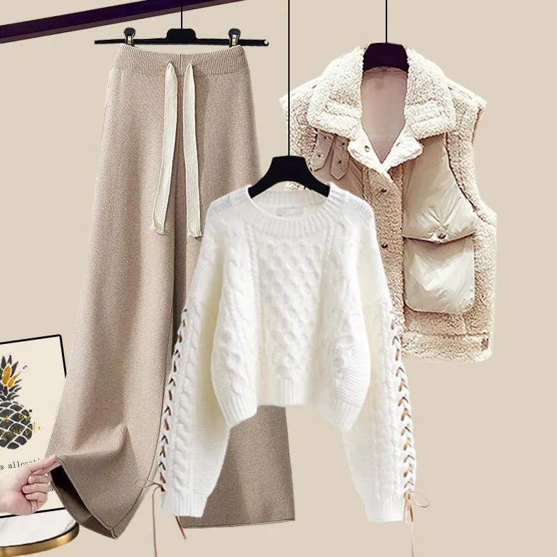 Women's Autumn And Winter Thickened Vest All-matching Knitted Sweater Wide Leg Pants Three-piece Suit - Style9