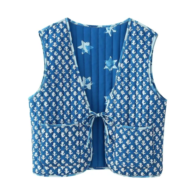 Women's Two Sided Printed Lace up Cotton Vest Blue - Shop at LoveMi
