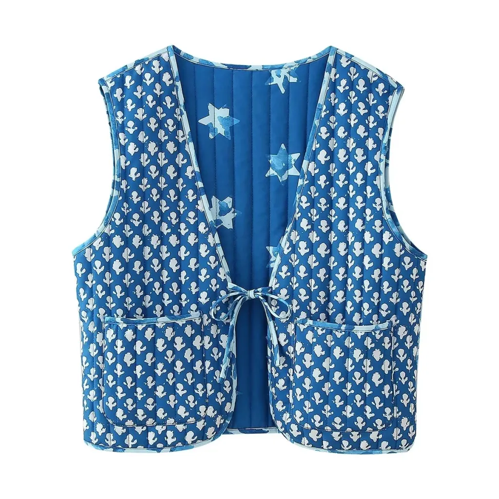 Women's Two-Sided Printed Lace-up Cotton Vest - Blue