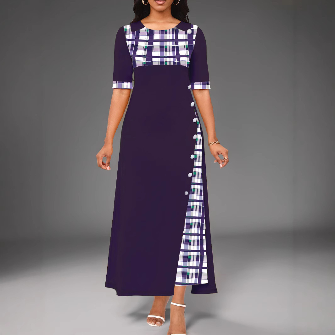 Round Neck Contrast Medium Sleeve Long Dress
