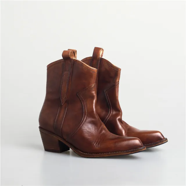 Retro V Cut Pointed Ankle Boots Women's Riding Chunky Heel Boots Brown - Shop at LoveMi