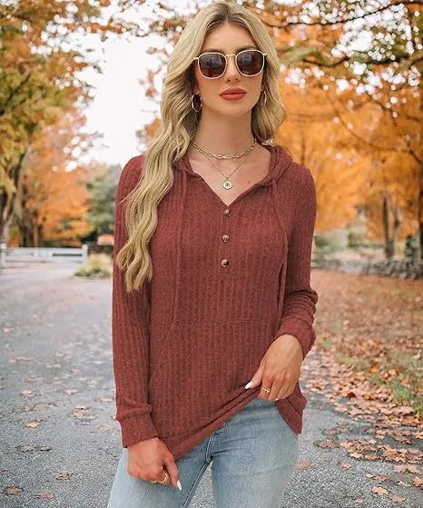 Solid Color Long Sleeve Hoodie Brushed Bedford Cord Sweater Wine Red - Shop at LoveMi