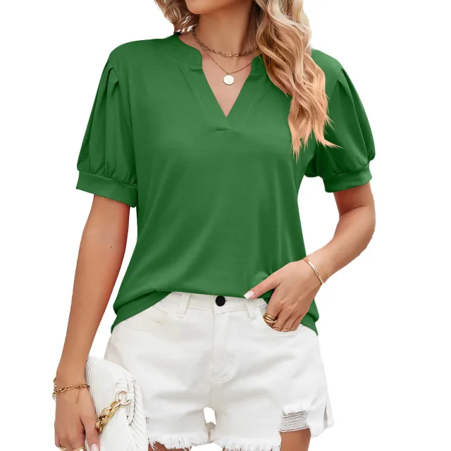 Women's V neck Puff Sleeve Short Sleeve T shirt Top Shirt Green - Shop at LoveMi