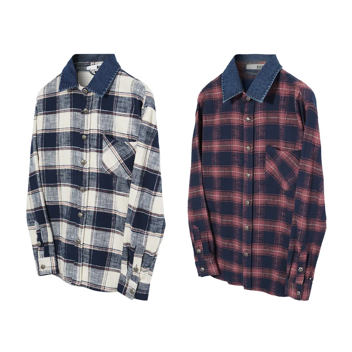 Men's Vintage Cross Button Denim Spliced Plaid Blouse Coat
