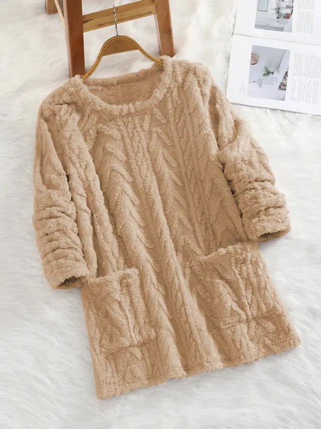 Teddy Fleece Jacquard Long sleeve Casual Sweatshirt For Autumn And Winter Fluffy And Warm With Pocket Hood Khaki - Shop at LoveMi