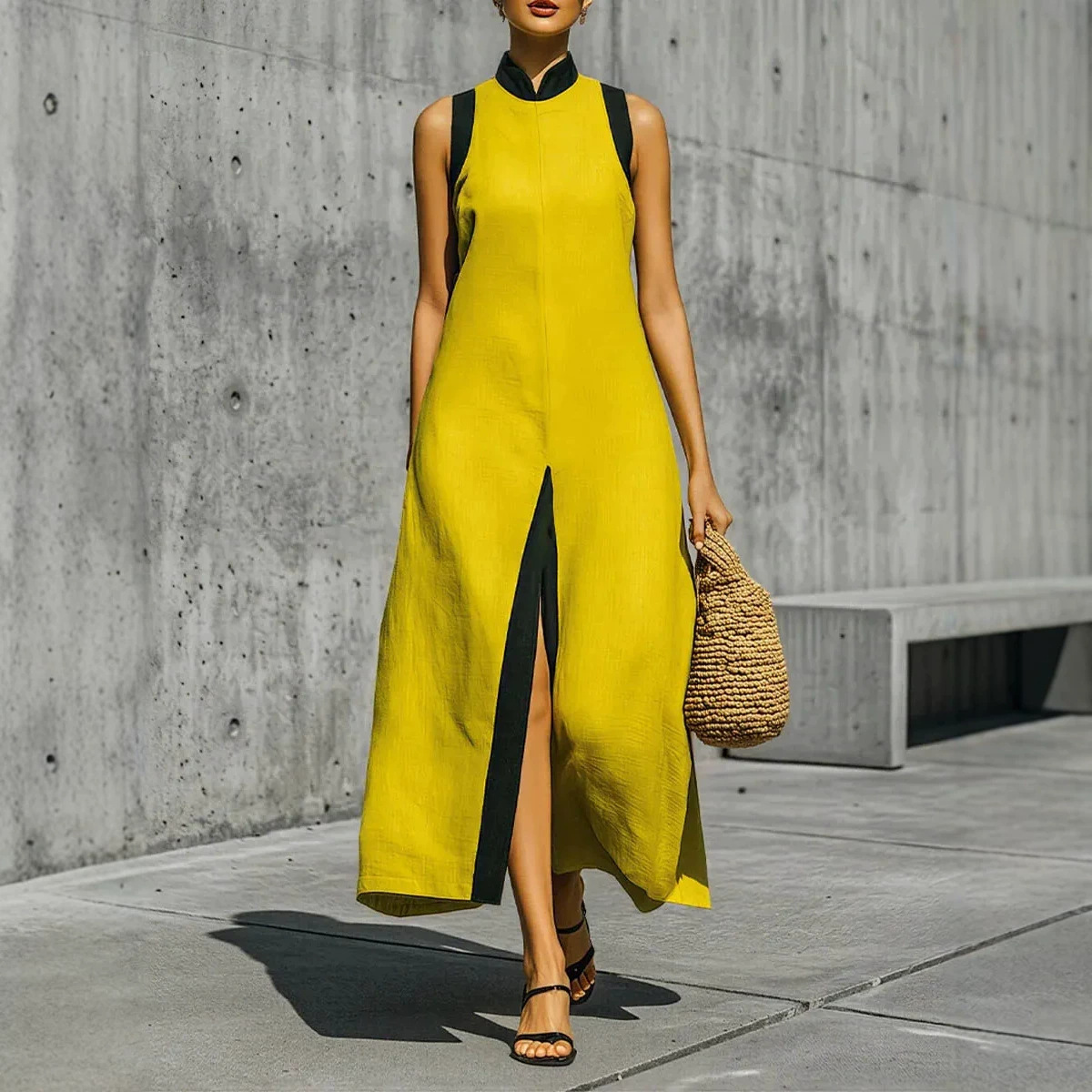 Elegant Stand-up Collar Multi-color Sleeveless Slit Long Dress