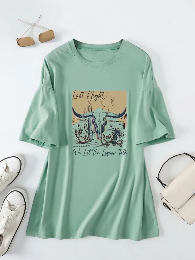 Casual Women's Round Neck Loose Short Sleeves Light Green - Shop at LoveMi