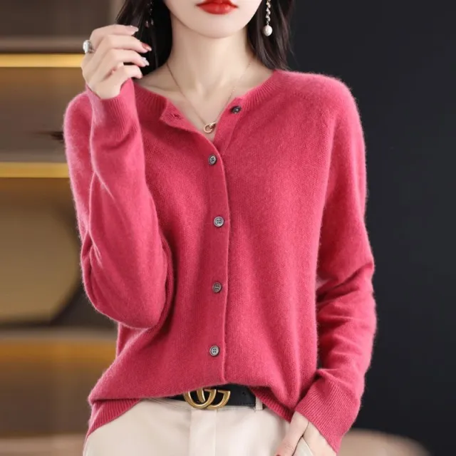 Fashion Merino Wool Cardigan Sweater Women O Neck Long sleeve Cashmere Knitwear Spring Autumn Female Clothing Tops Raspberry Powder Xxl - Shop at LoveMi