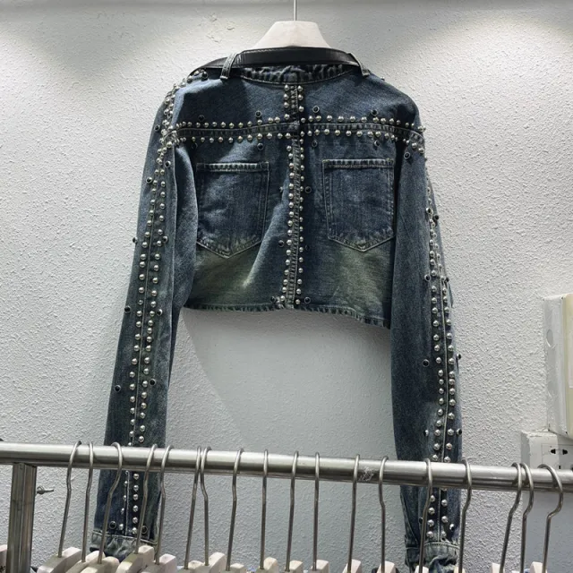 Autumn New Heavy Industry Metal Rivet Denim Short Coat Blue - Shop at LoveMi