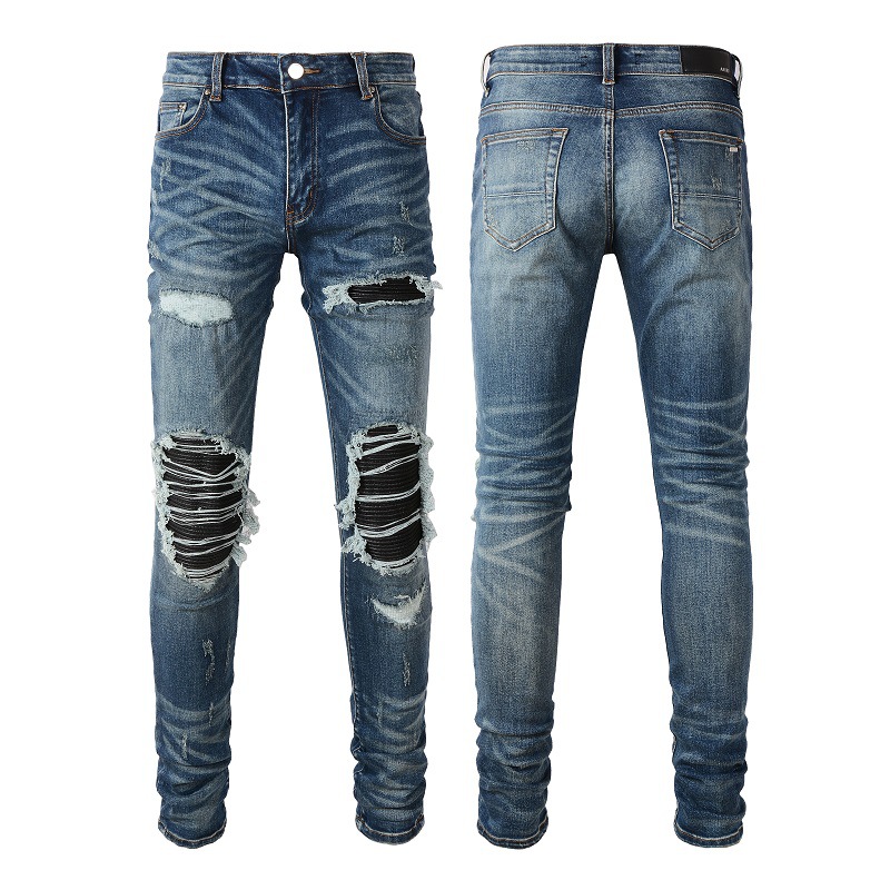 Men's Pleated Jeans Knee PU Leather Patchwork Patch Slim Fit Skinny Ripped Jeans