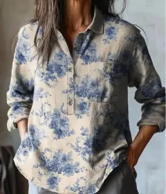 Summer Women's Fashion Printed Long-sleeved Shirt - Style7-M - View 1