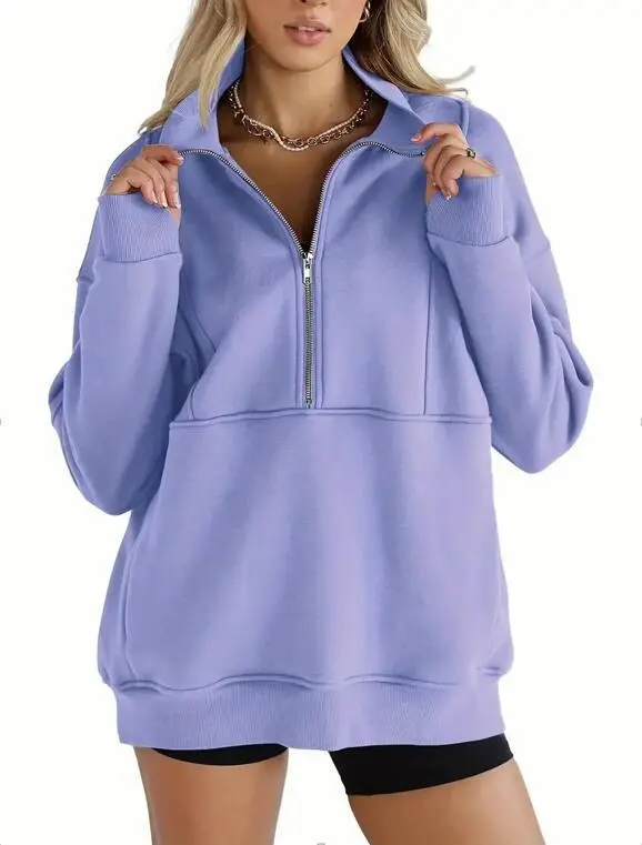 Zipper Patchwork Pocket Brushed Hoody Women's Loose Violet Color Xl - Shop at LoveMi
